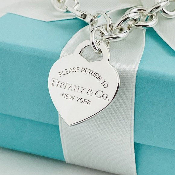 Please Return To Tiffany Heart Tag Charm Bracelet in Silver with Box or Pouch